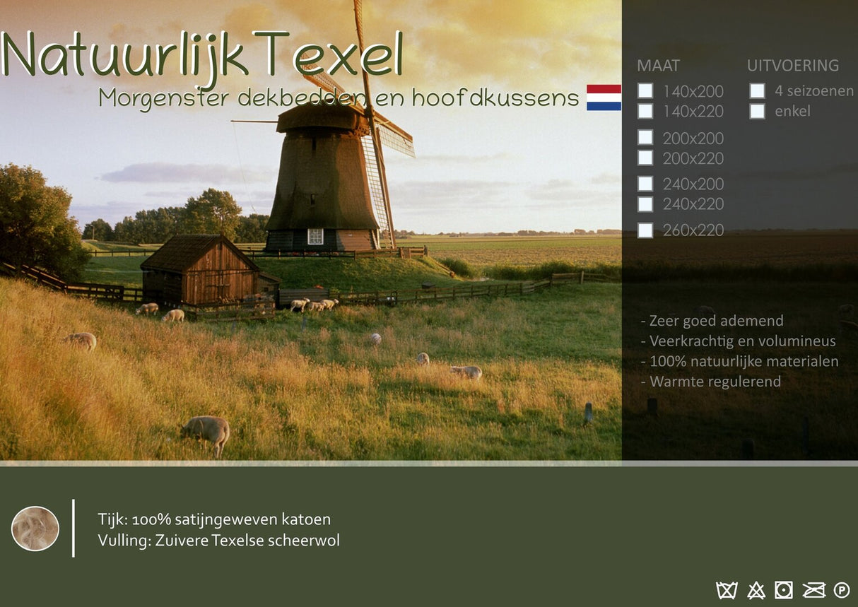Natuurlijk Texel 4 seizoenen wol dekbed met katoen satijnen tijk.